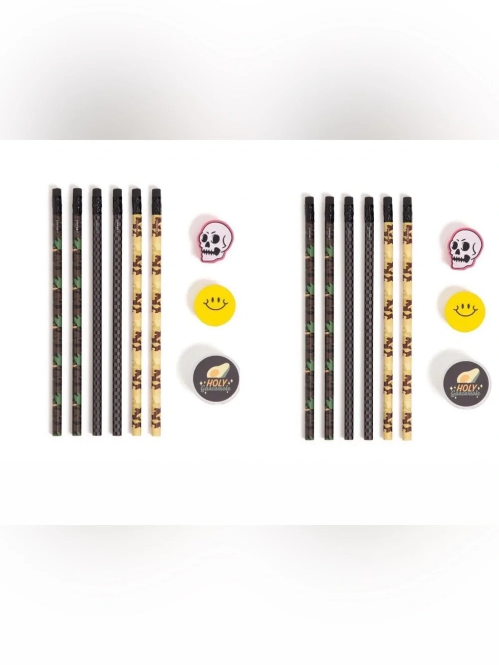 2X Pencil and Eraser Set - Black, Yellow, Pink -